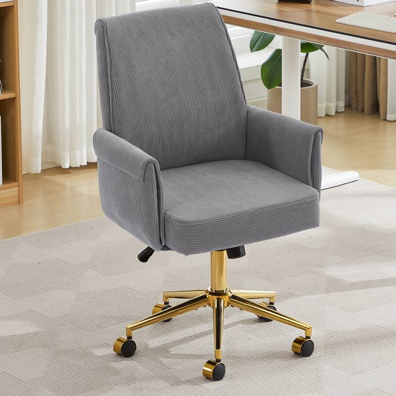 Corduroy Swivel Office Chair with Wheels, Ergonomic High Back Task Chair, Upholstered Accent Chair with Adjustable Height - Gray