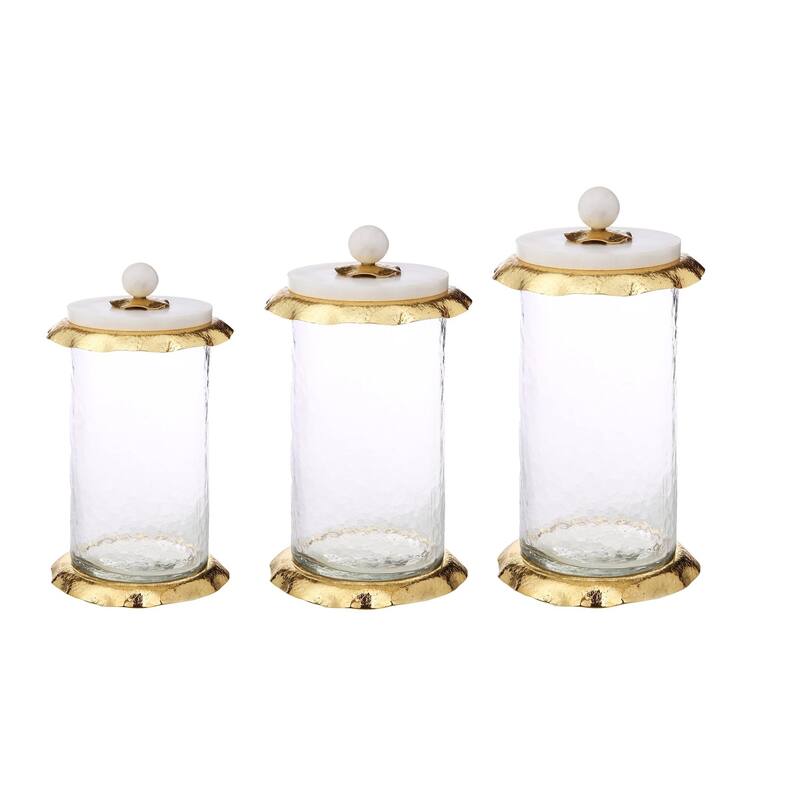 Set of 3 Glass Canisters with Marble and Gold Lid - Gold