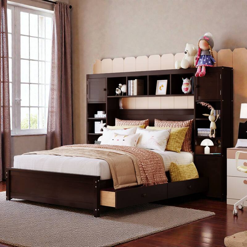 Full Size Wooden Platform Bed with Storage Drawers, All-in-One Cabinet and Shelf Headboard - Espresso - Full