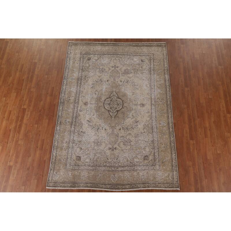 Beige Distressed Tabriz Persian Vintage Rug Handmade Wool Carpet - 6'6" x 9'3"
