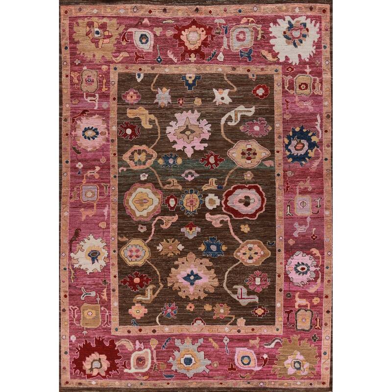 Hand Knotted Oriental 100% Wool Carpet Transitional All-Over Brown Oushak Area Rug - 11' 9'' X 9' 5''