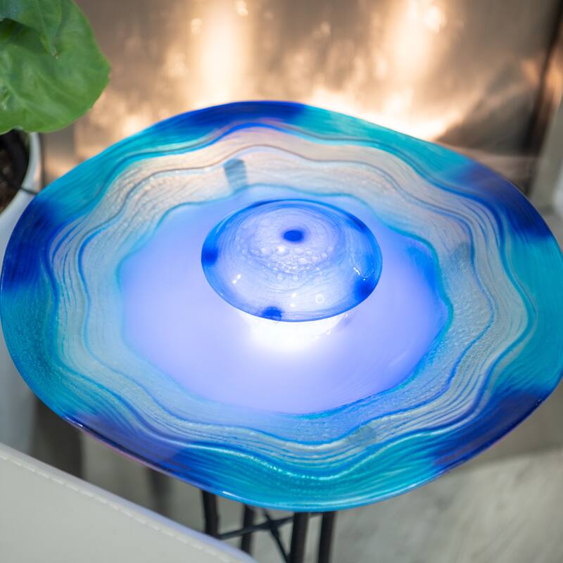 27in Tall Floor Mist Fountain with LED Lights and Inline Control - Blue Glass and Metal Design, Blue Freestanding Mist Fountain