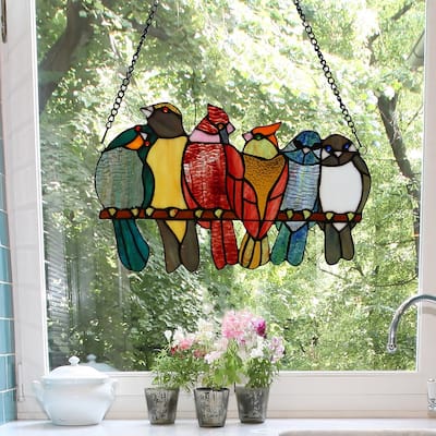 River of Goods 9.5"H Birds in Love Stained Glass Window Panel - 15"L x 0.25"W x 9.5"H