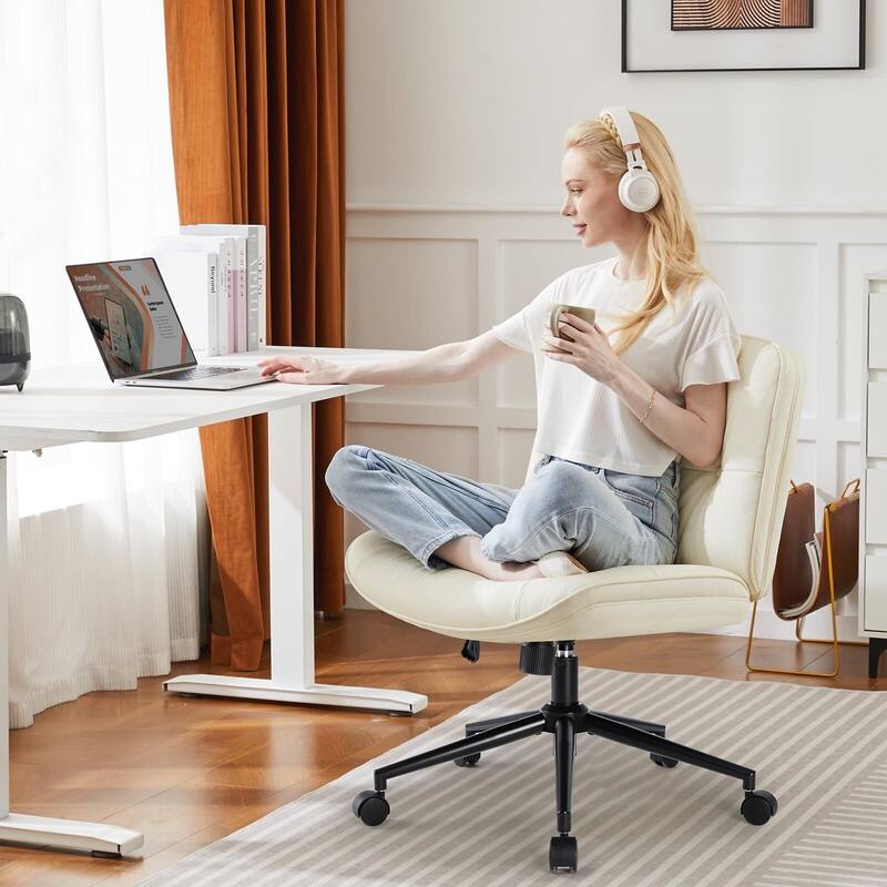 PU Leather Adjustable Height Wide Seat Criss Cross Office Chair with Armless & Changeable Feet