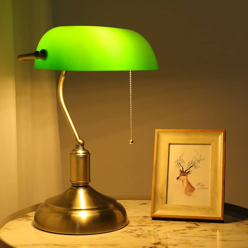 Antique Green Glass Bankers Desk Lamp Table Light w/ Pull Chain Switch - 9x7x15" - Green Shade