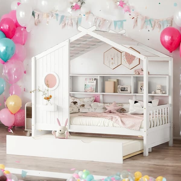 slide 2 of 16, Twin Size Wooden House Bed With Trundle With Storage Shlef for Home White