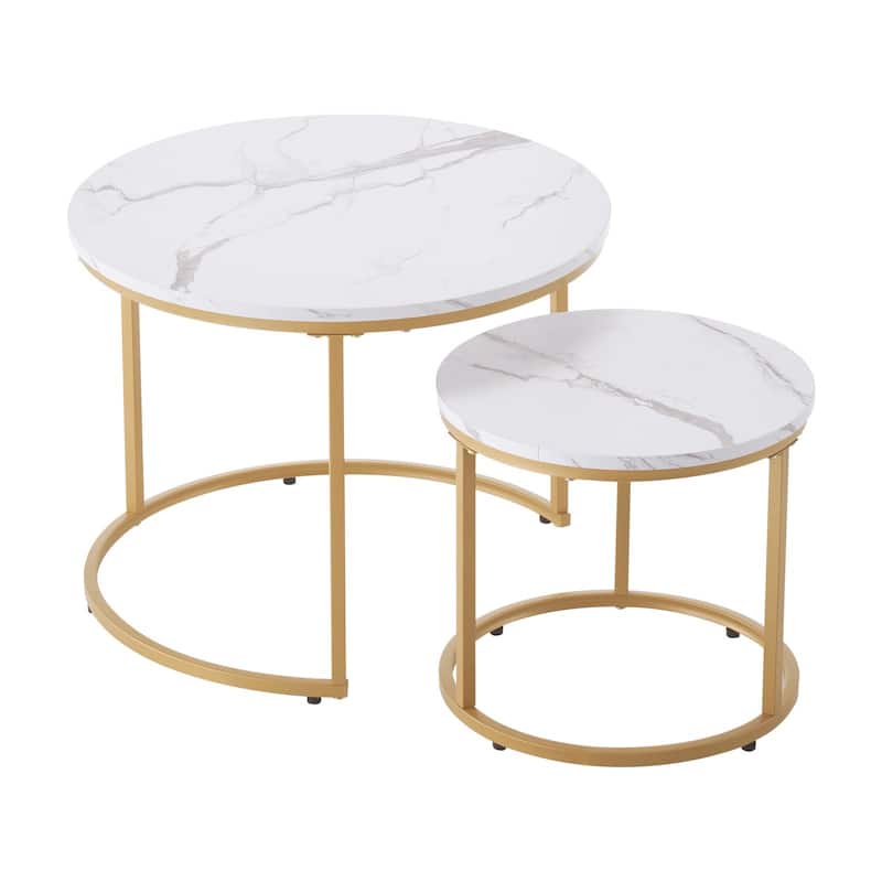 Round Nesting Coffee Tables Set of 2 with Metal Frame for Small Spaces Bedroom - 23-24 inch - White-Marble