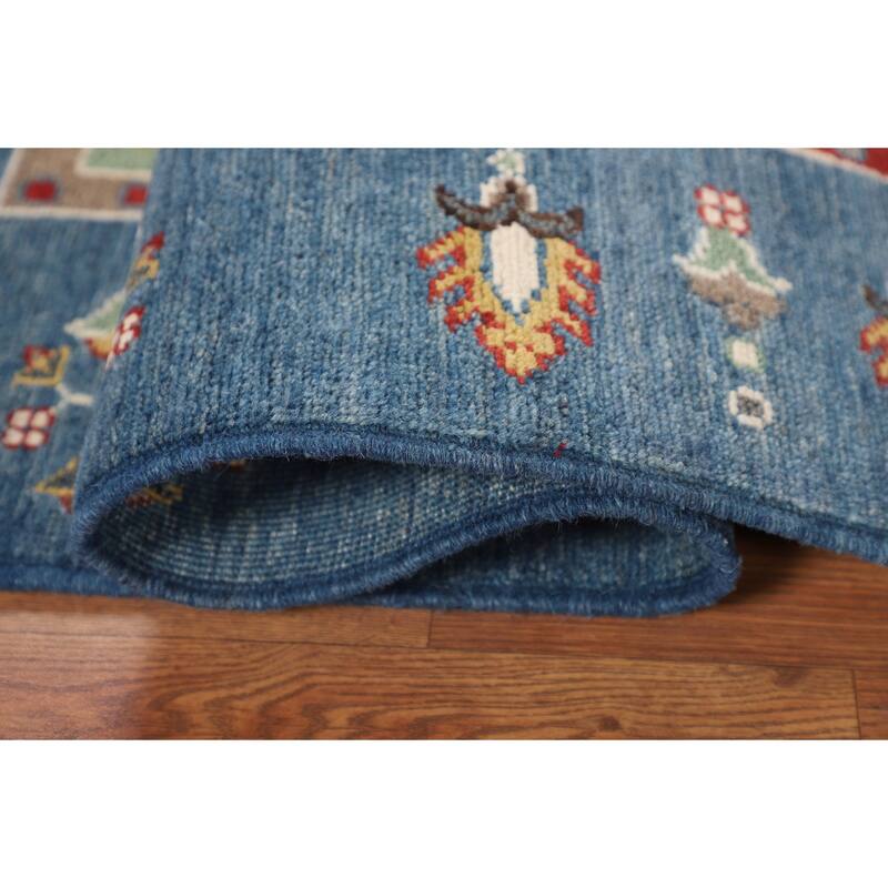 Blue Geometric Kazak Area Rug Hand-Knotted Wool Carpet - 4'2" x 5'11"