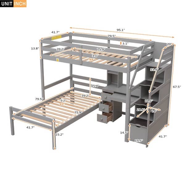 dimension image slide 1 of 2, Gray Twin Pine Loft Bunk Bed with Storage Staircase, Desk, Shelves, Drawers