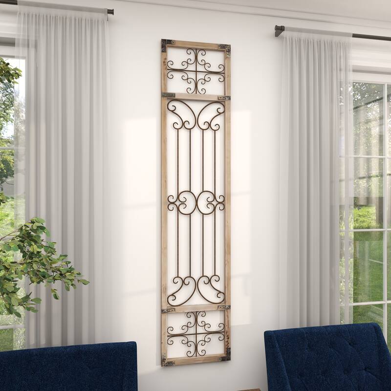 Wood Scroll Distressed Ornamental Panel Home Wall Decor with Bronze Metal Wire Details - Cream - Roche River Decor