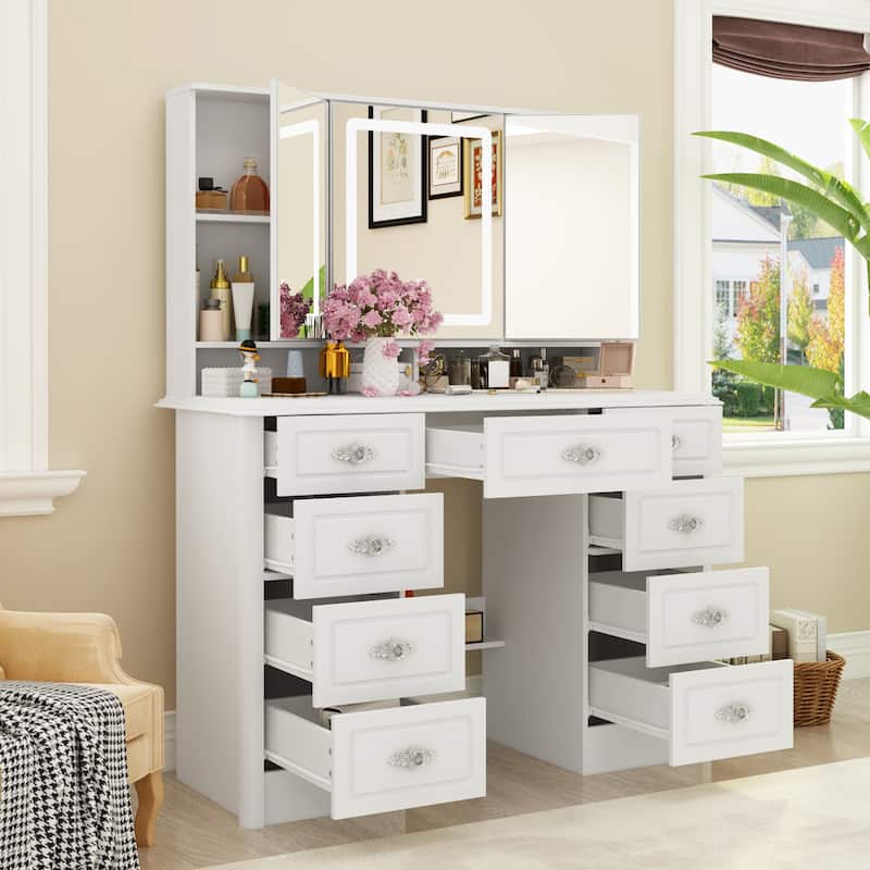 43.3"W Makeup Vanity White Vanity Desk with Hidden Storage Shelves