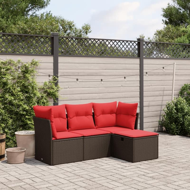vidaXL Patio Sofa Set with Cushions Outdoor Furniture 4 Piece Poly Rattan - 24.4" x 24.4" x 27.2" - Brown