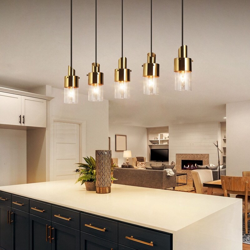 thumbnail image 2 of 5-Light Black & Gold Linear Chandelier - Industrial Farmhouse Pendant For Kitchen Island, Dining Room, Game Room 2 of 14