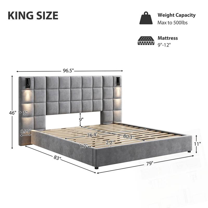 Velvet Upholstered bed with reading lamp and USB port