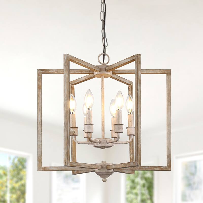CurveCurio 24" Rustic Wood Chandelier with Candle-Style Light Base and 70" Adjustable Chain for Dining Room Elegance