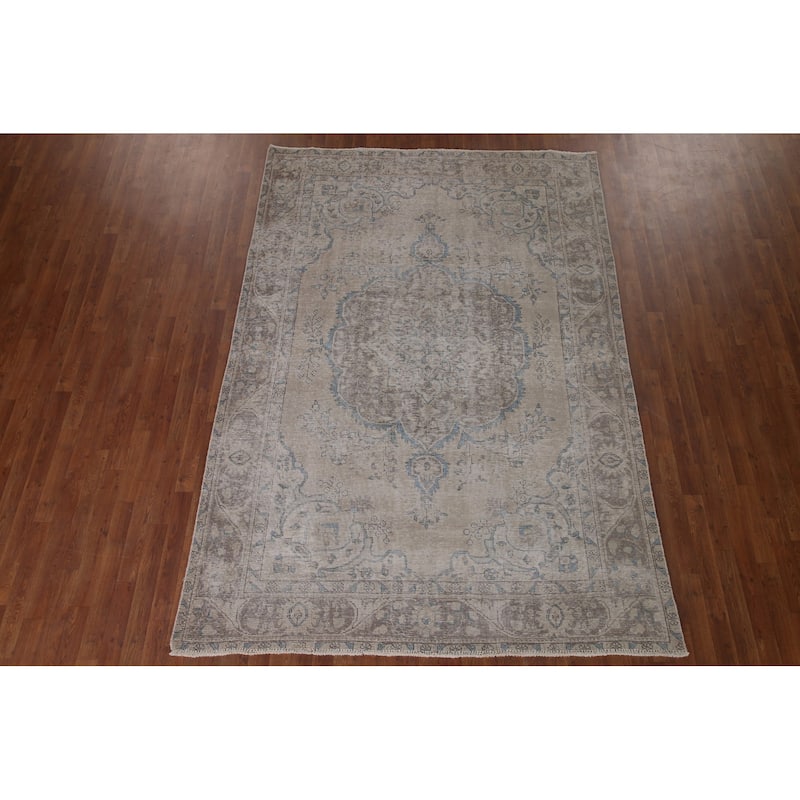 Beige Distressed Tabriz Persian Antique Area Rug Handmade Wool Carpet - 6'5" x 9'4"