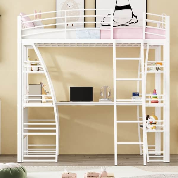 slide 2 of 12, White Twin Loft Bed wLadder, Desk, Shelves, Sockets, Ports, Charging White - Twin