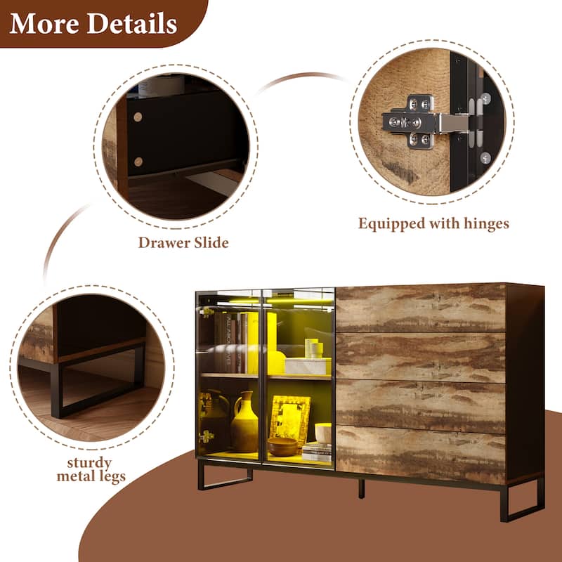 Bookshelves Sideboard Cabinet with Glass Doors and Rustic Wood Drawers 63" Credenza Storage Cabinet