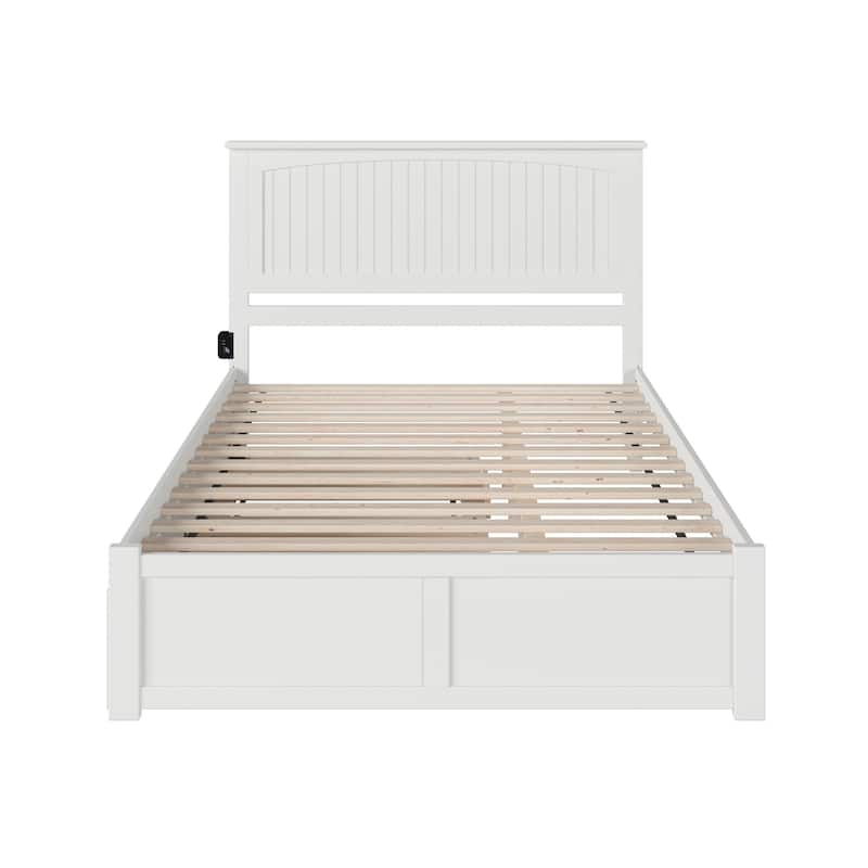 Queen Platform Bed with Footboard, Turbo Charger, and Twin XL Trundle in White for Coastal or Rustic Style