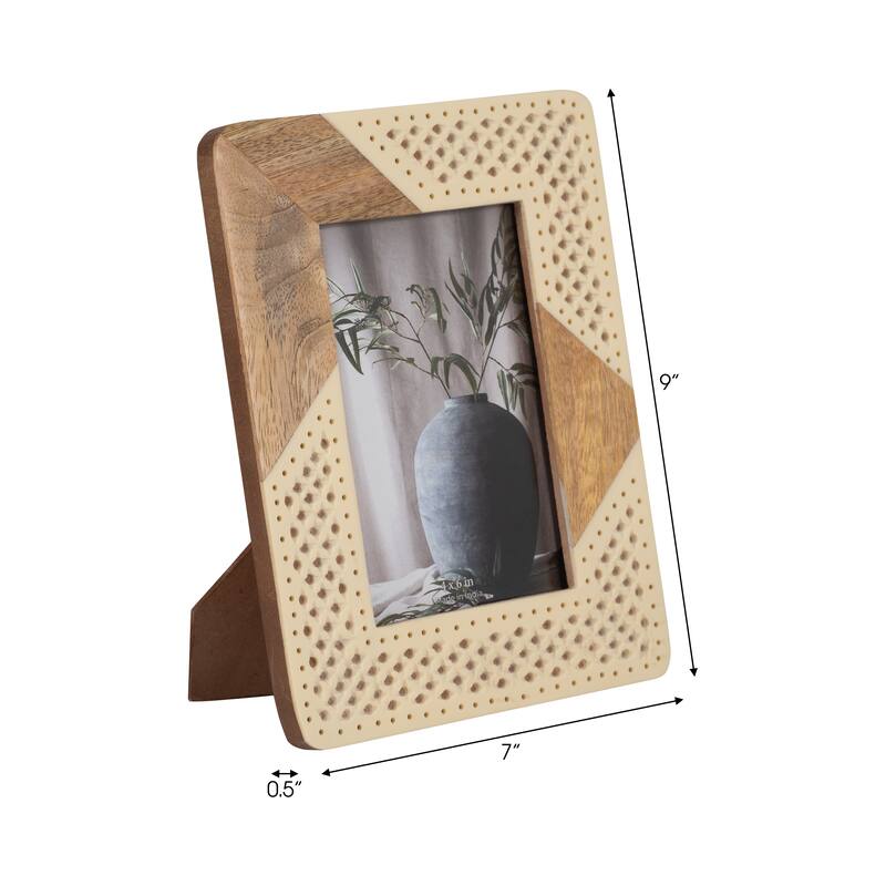 Sagebrook Home Modern Neutral Resin Ivory/Natural Wood and Woven Photo Frame
