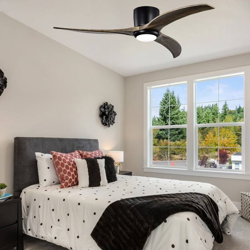 Modern 52" Ceiling Fan Matte Black, Light, Remote, Wood Blades, Quiet Motor