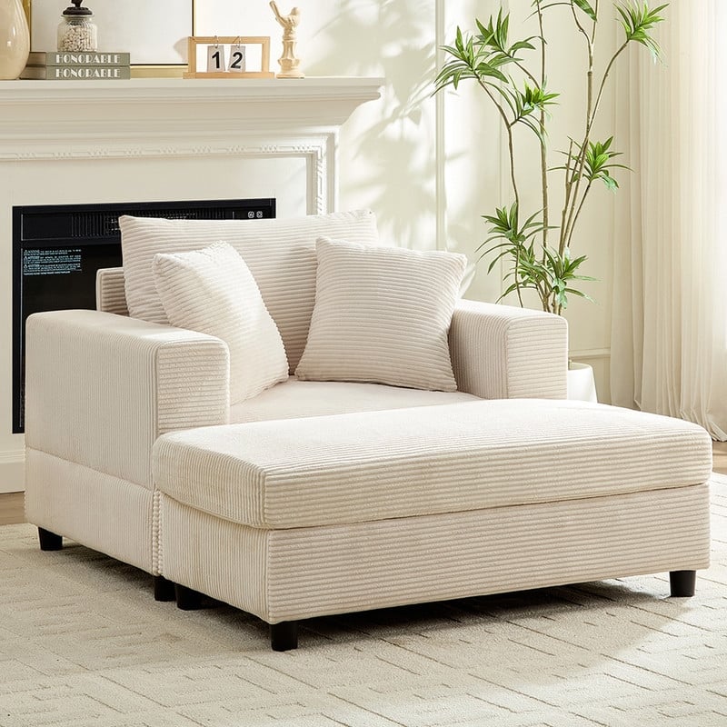 Mixoy Corduroy Chaise Lounge Deep Seat Sleeper Sofa Chair with Storage Ottoman,Upholstered 1-Seater/Loveseat Sofa Couch - 1-Seater Sofa - Beige