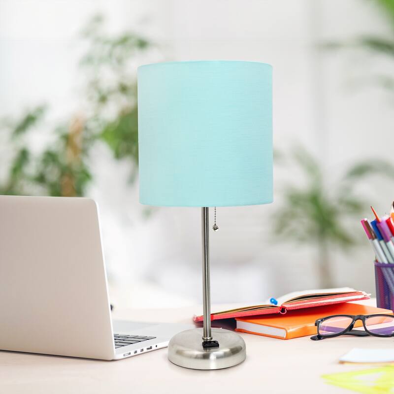 19.5 in. Brushed Steel Finish Table Lamp with Blue Shade, Sturdy Table Lamp for Living Rooms and Bedrooms