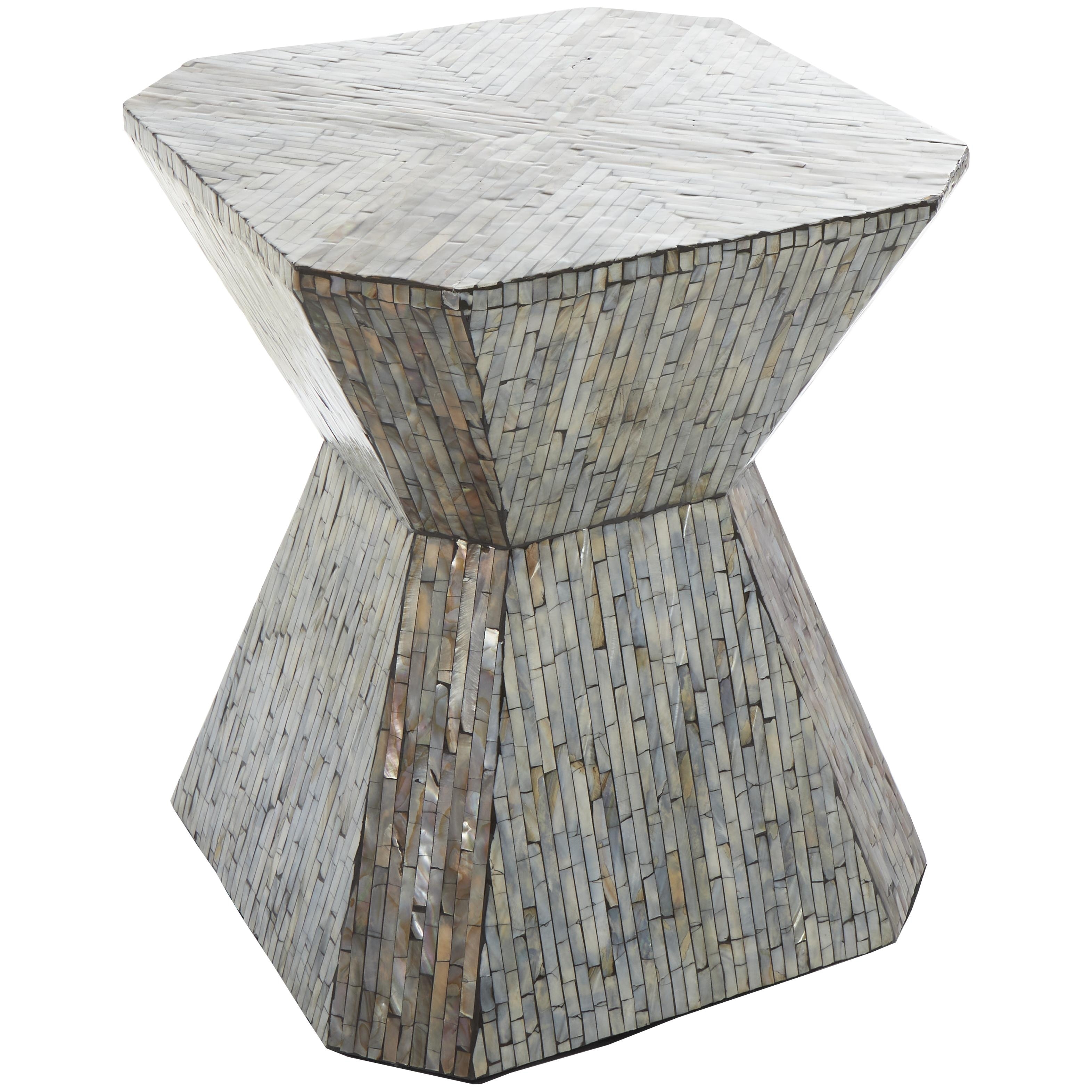 Roche River Decor - Mother of Pearl Shell Geometric Handmade Hourglass Accent Table with Linear Mosaic Pattern - Gray
