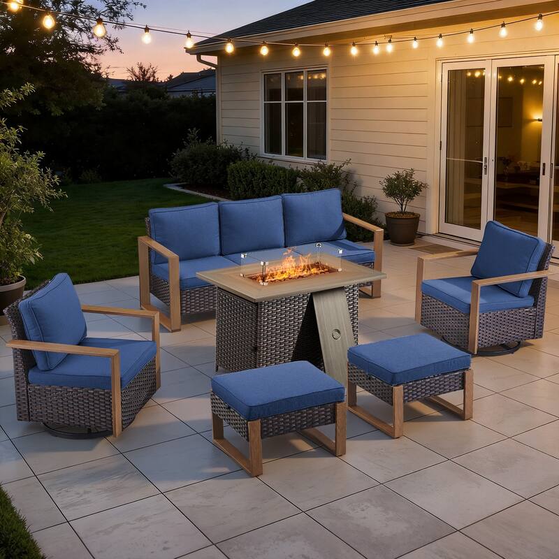 Meyreso Wicker Outdoor Patio Fire Pit Set with Swivel Gliders & 4.5" Olefin Cushions - Brown / Navy Cushions - 6-Piece