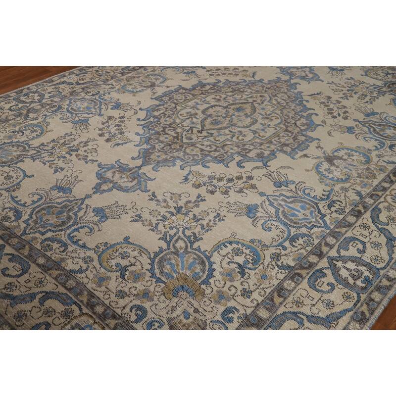 Tabriz Persian Area Rug Hand-Knotted Beige Floral Wool Carpet - 8'2"x 10'9"