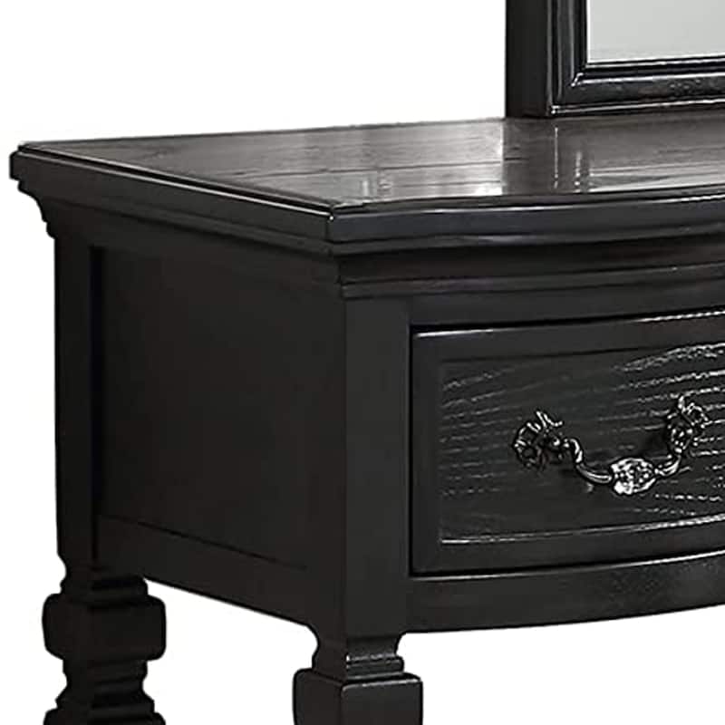 3 Piece Vanity Set with Carved Mirror and Turned Legs, Black