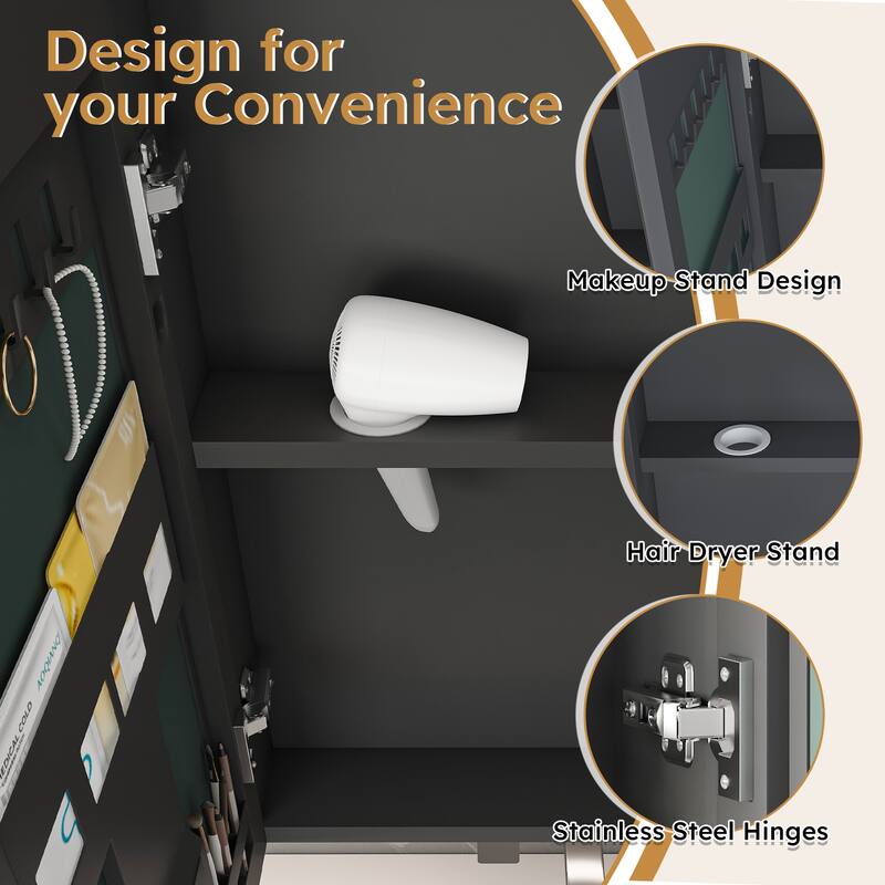 35 x 28 Inch Aluminium Medicine Cabinet Mirror with LED Light, Defogging, and Cosmetic Storage