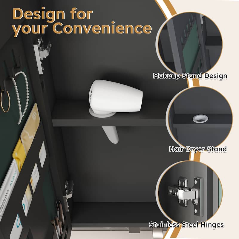 Silver Glass LED Bathroom Medicine Cabinet with Defogger and Shelves - 35.4” W x 5.9" D x 27.6" H