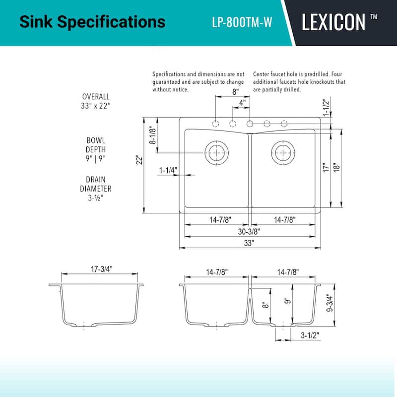 Lexicon Platinum Quartz 33 Inch Double Equal Bowl Undermount Kitchen Sink with Bottom Grids and Strainers , Disposal Flange