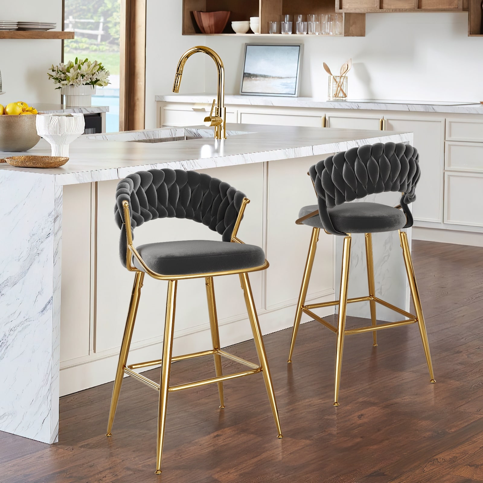 25.2" Modern Velvet Counter Stool with Accents, Ergonomic Design & Plush Seat for Kitchen Island & Bar