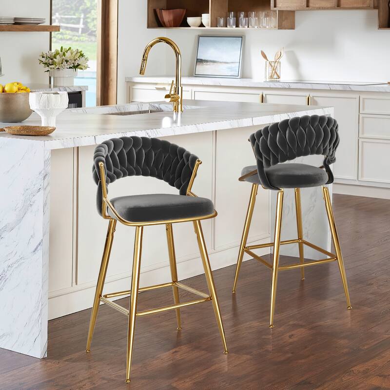 Modern Velvet Counter Stool Ergonomic Design Plush Seat for Kitchen Island Bar - Set of 2