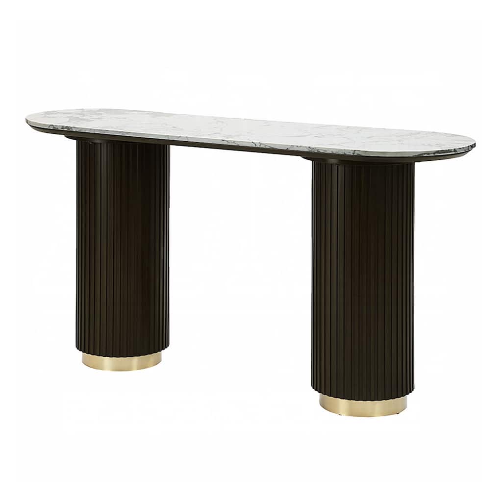 Oval Sofa Table with Faux Marble Top in White and Espresso