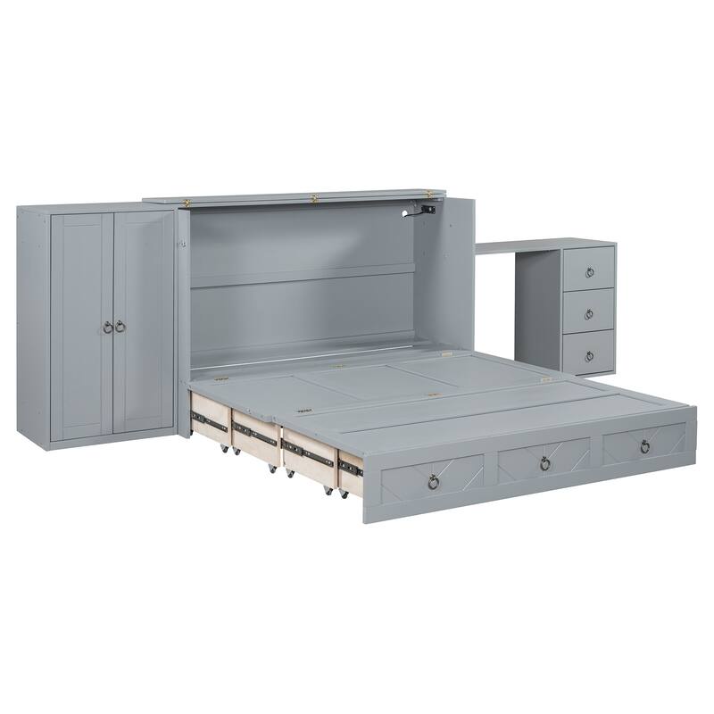 Multifunctional Queen Murphy Bed with USB, Wardrobe, and Desk - Cabinet Bed with Ample Storage