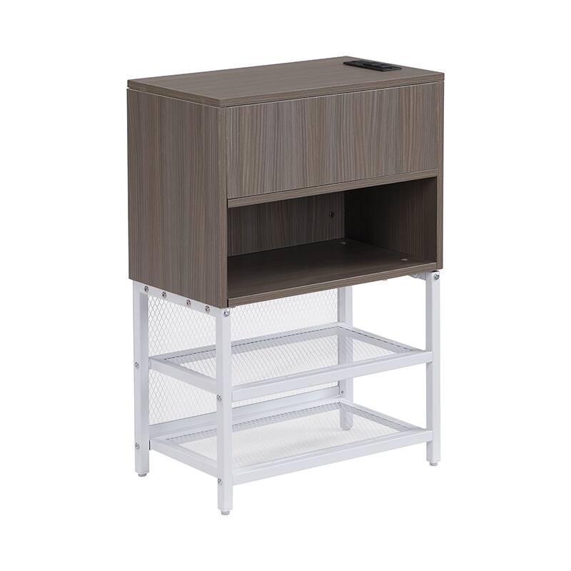 Modern Twin/Full Metal Bed Frame with Upholstered Top, Storage Shelves, and Wooden Cabinet