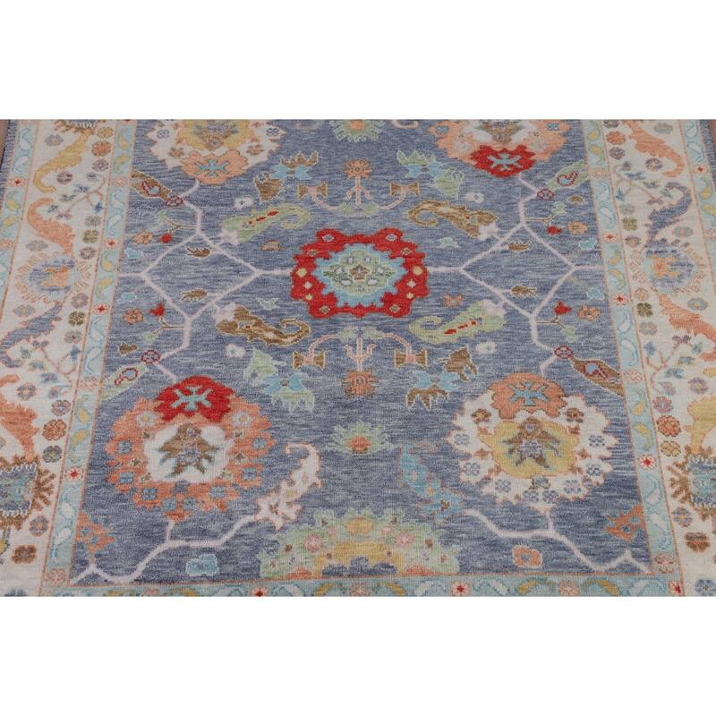 All-Over Blue Floral Oushak Indian Area Rug Hand-Knotted Wool Carpet - 7'11" X 9'9"
