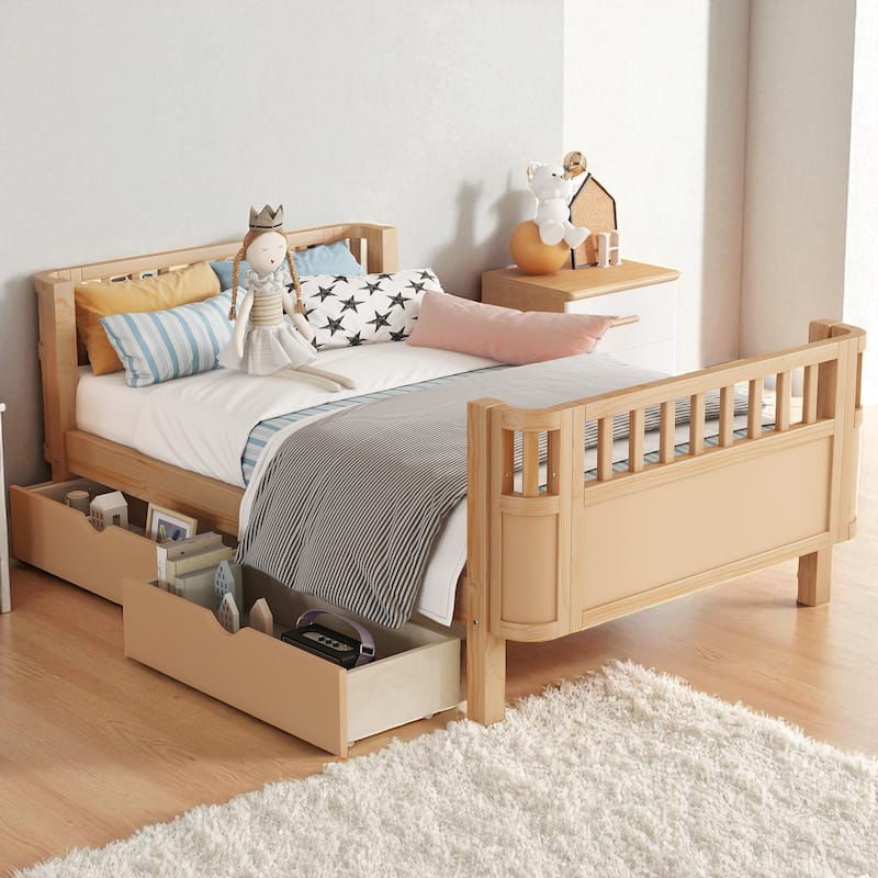 Twin/Full Size Wooden Platform Bed with Safety Rails and 2 Storage Drawers, Low Profile Kids Bed Frame