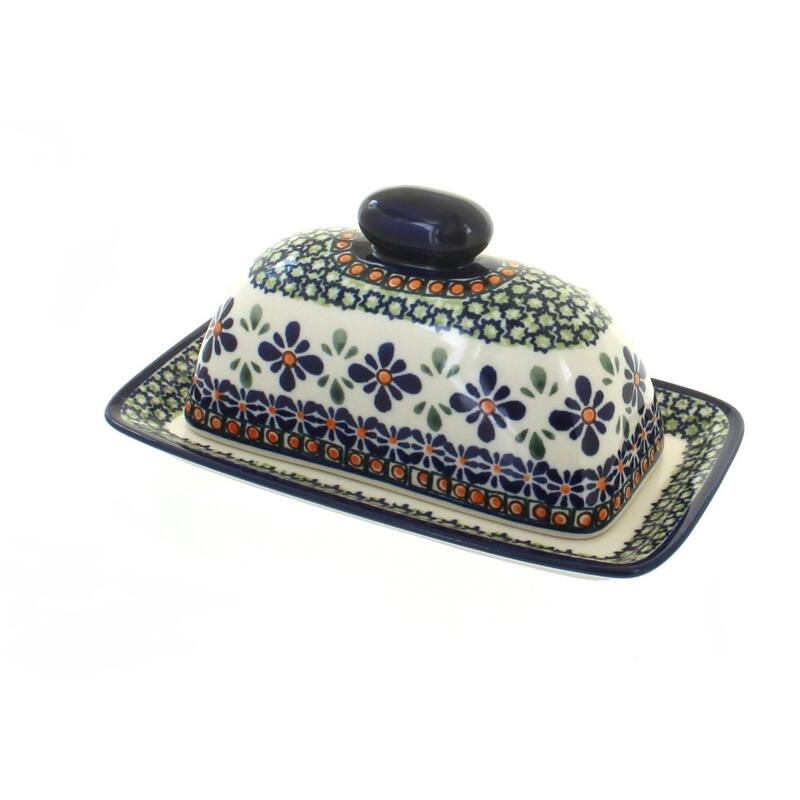 Blue Rose Polish Pottery 1377 Zaklady Butter Dish - Mosaic Flower