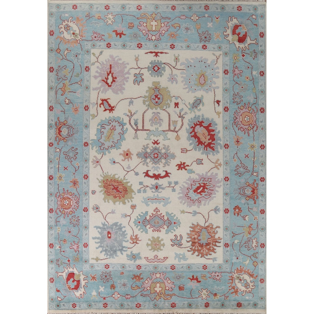 Floral Ivory Oushak Oriental Area Rug Hand-Knotted Wool Carpet - 9'1"x 12'0"