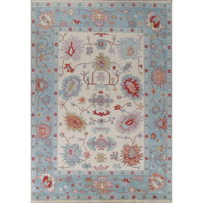 Floral Ivory Oushak Oriental Area Rug Hand-Knotted Wool Carpet - 9'1"x 12'0"
