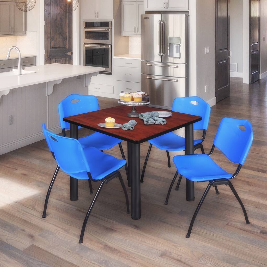 42 in. Square Breakroom Table- Cherry/ Black & 4 'M' Stack Chairs- Blue