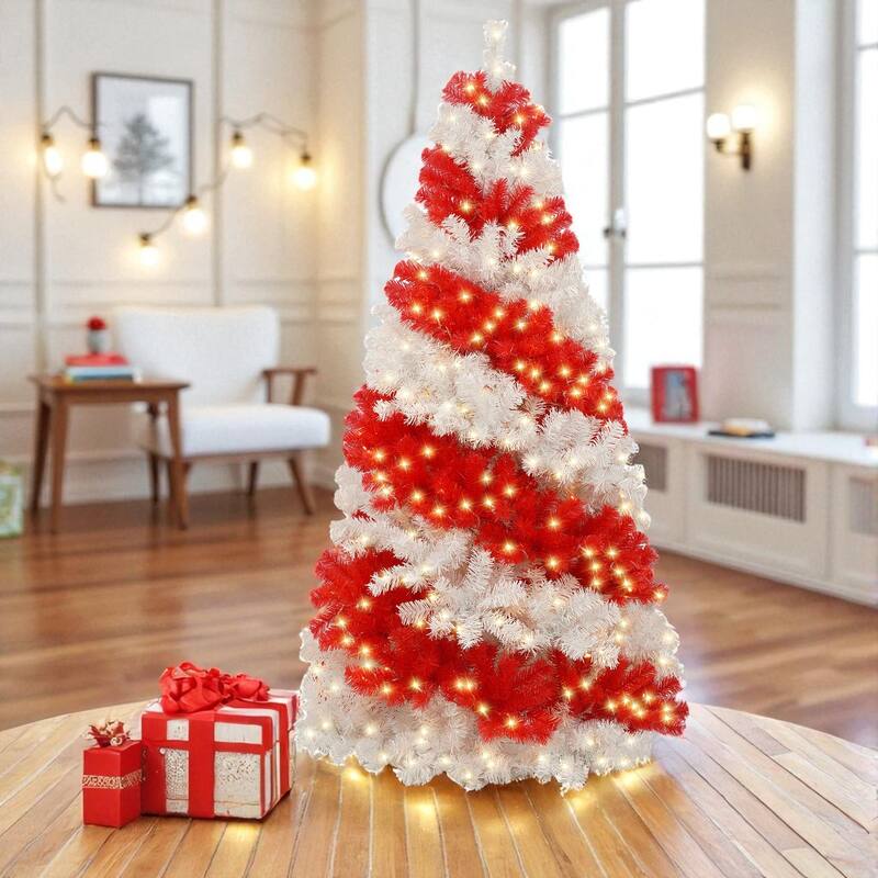 6FT Pre-Lit Candy Cane Artificial Christmas Tree with 300 LED Lights and 900 PVC Tips, Hinged Holiday Decoration