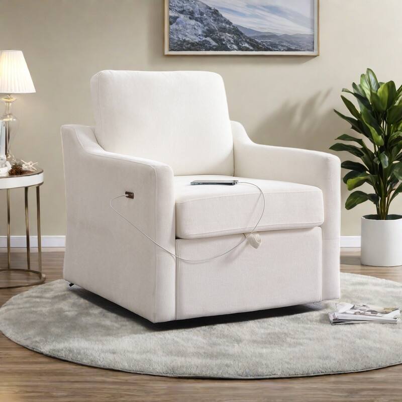 Chenille Swivel Accent Chair with USB/Type-C Charging, Book Pocket, and 360° Rotation - White