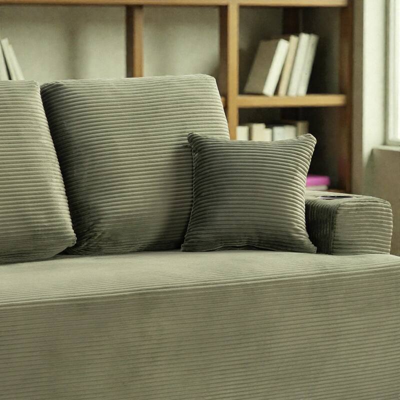 87 Inch 3 Seater Sofa Couch, Deep Seat Corduroy Living Room Sofa with Cup Holders and Side Pockets