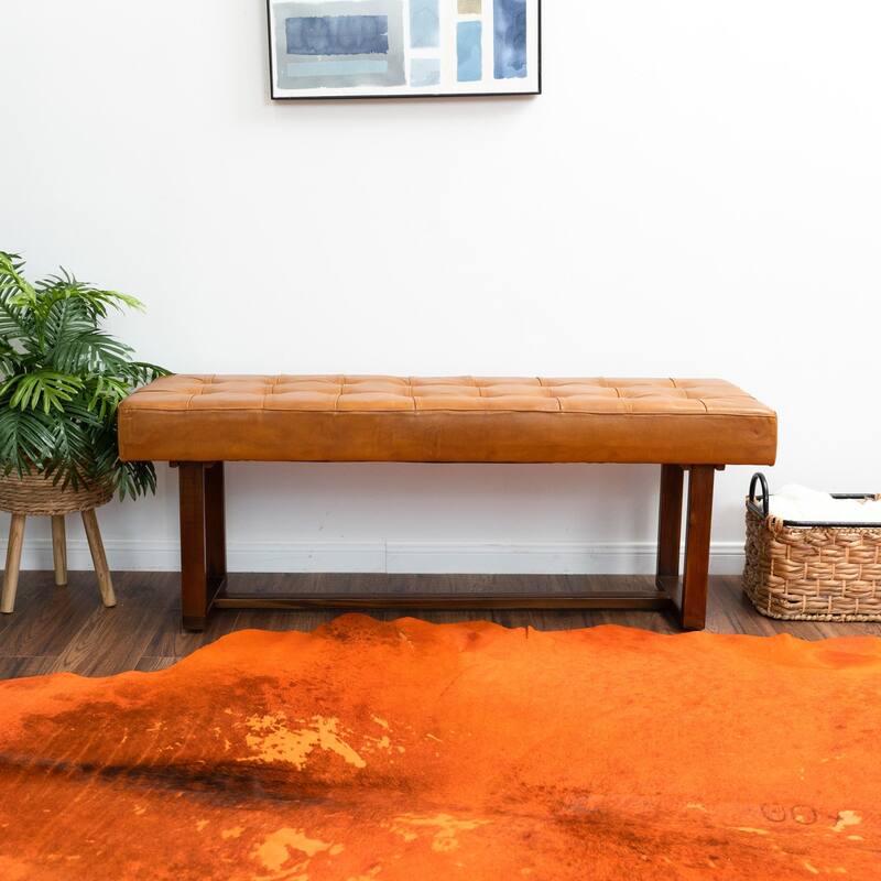 GDFStudio - Cameron Modern Mid-Century 51" Genuine Leather Bench with Solid Wood Frame for Living Room, Bedroom & Entryway