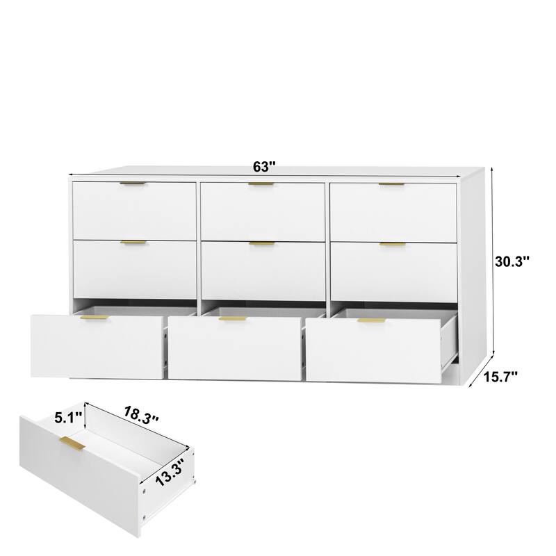 9 Drawer Dresser, 63" Large Deep Chest of Drawers, Wooden Dresser Storage Cabinet with 9 Drawers